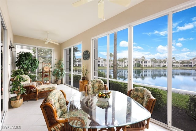 sunroom with a water view and ceiling fan