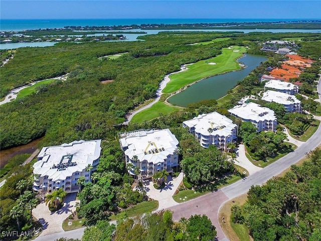 birds eye view of property featuring a water view