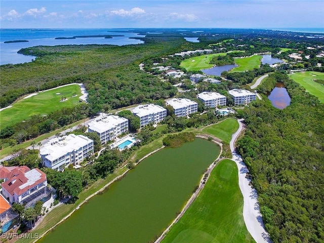 bird's eye view with a water view