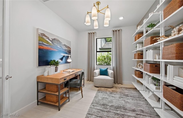 home office featuring an inviting chandelier