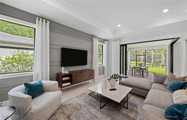 living room with ornamental molding, a tray ceiling, and light wood-type flooring