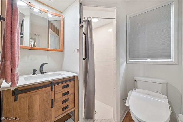 bathroom featuring vanity, curtained shower, and toilet