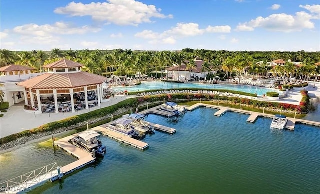 drone / aerial view featuring a water view