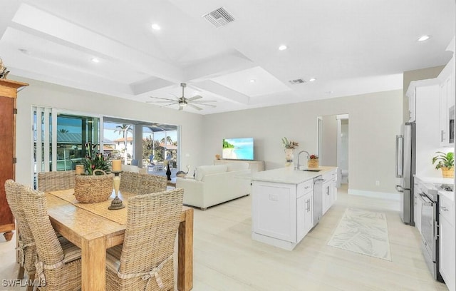 kitchen with stainless steel appliances, sink, a kitchen island with sink, and white cabinets