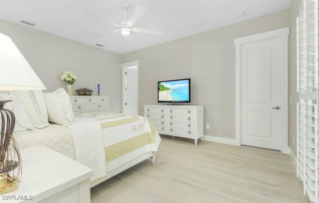 bedroom featuring ceiling fan and light hardwood / wood-style floors