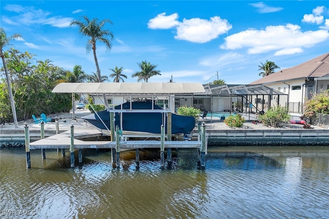 view of dock featuring a lanai and a water view