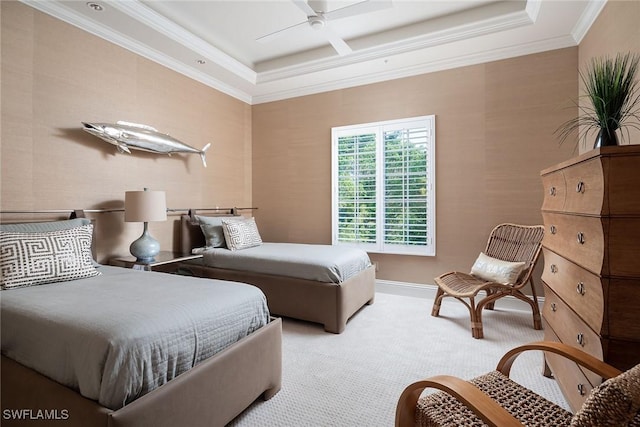 carpeted bedroom featuring ornamental molding, coffered ceiling, and ceiling fan