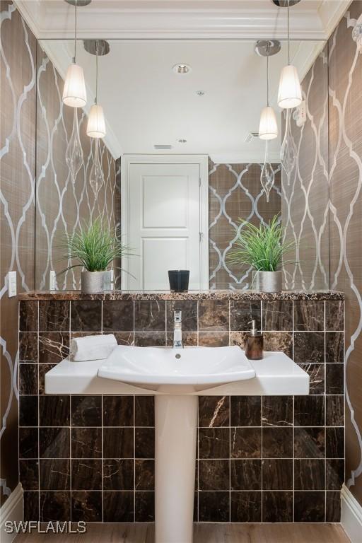 bathroom featuring tasteful backsplash and hardwood / wood-style floors