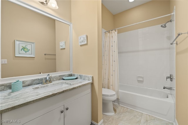 full bathroom with vanity, shower / bathtub combination with curtain, and toilet