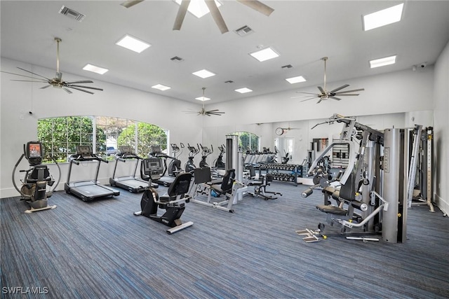 gym with dark carpet and ceiling fan