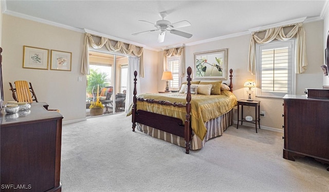 bedroom with ornamental molding, access to outside, light colored carpet, and ceiling fan