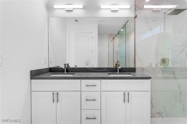 bathroom with vanity and a shower with shower door