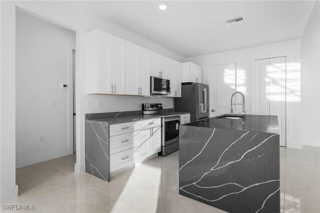 kitchen featuring sink, white cabinetry, a center island, dark stone countertops, and stainless steel appliances