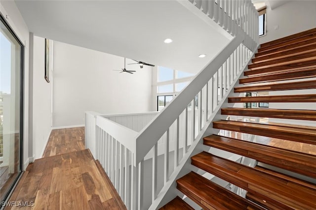 staircase featuring hardwood / wood-style flooring, a towering ceiling, and plenty of natural light