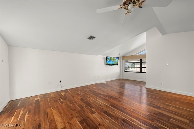 bonus room featuring visible vents, a ceiling fan, wood finished floors, and vaulted ceiling