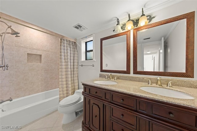 full bathroom featuring shower / bath combo, tile patterned flooring, vanity, ornamental molding, and toilet