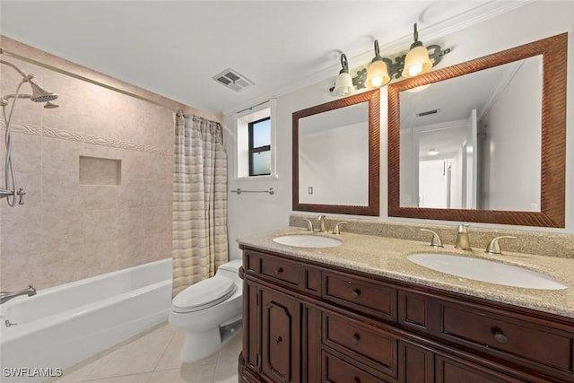18292 Deep Passage Ln, Fort Myers Beach, FL 33931 - full bathroom with tile patterned floors, toilet, shower / bathtub combination with curtain, crown molding, and double vanity