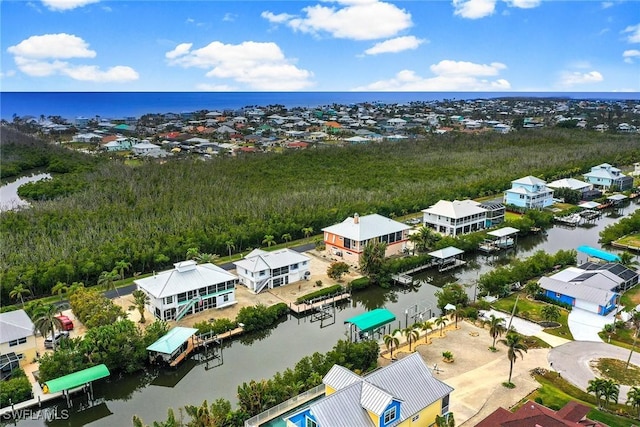 bird's eye view with a water view