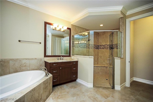 full bath with ornamental molding, a stall shower, a garden tub, and vanity