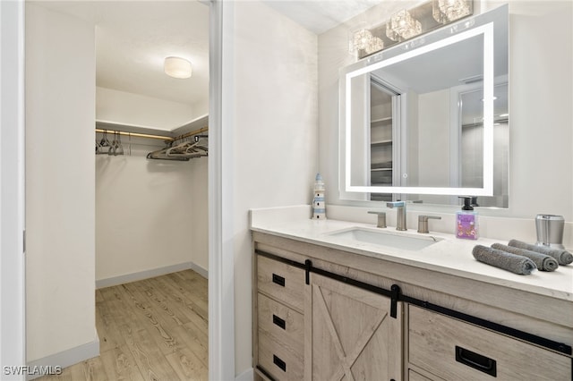 bathroom featuring vanity and hardwood / wood-style floors