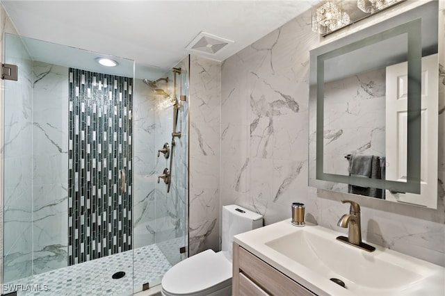 bathroom featuring toilet, an enclosed shower, tasteful backsplash, tile walls, and vanity