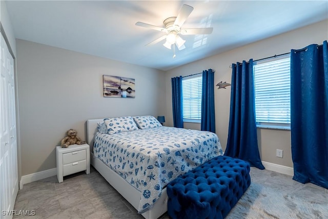 bedroom with ceiling fan and a closet