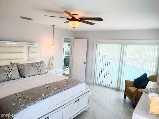 bedroom with ceiling fan and access to exterior