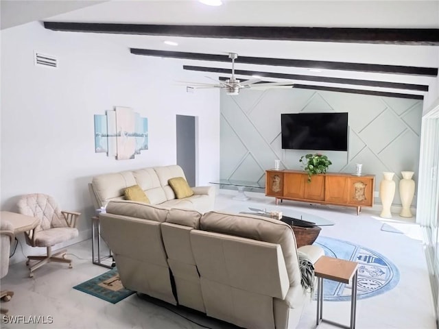 living room with vaulted ceiling with beams and ceiling fan