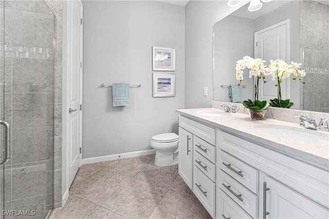 bathroom with vanity, an enclosed shower, tile patterned floors, and toilet