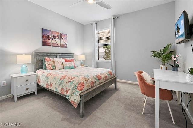 bedroom featuring baseboards, carpet floors, and ceiling fan