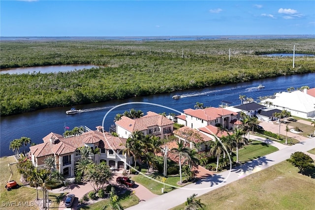 bird's eye view featuring a water view and a wooded view