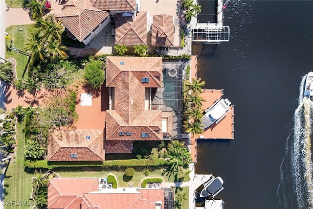 bird's eye view with a water view