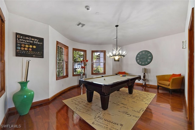 rec room with billiards, wood finished floors, visible vents, and baseboards