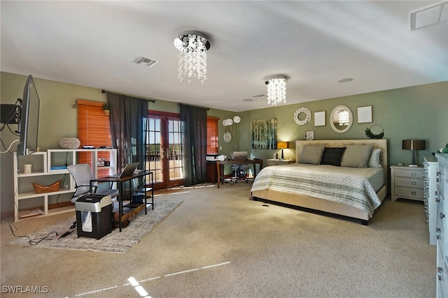 bedroom with light carpet, french doors, and visible vents