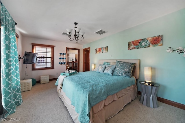 bedroom with an inviting chandelier, light colored carpet, visible vents, and baseboards