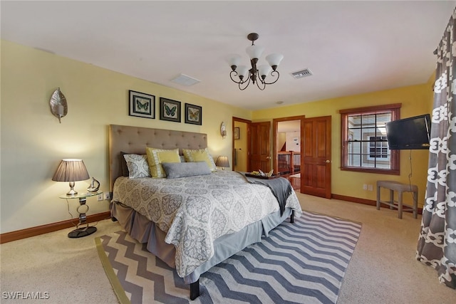 bedroom with a notable chandelier, baseboards, visible vents, and carpet flooring