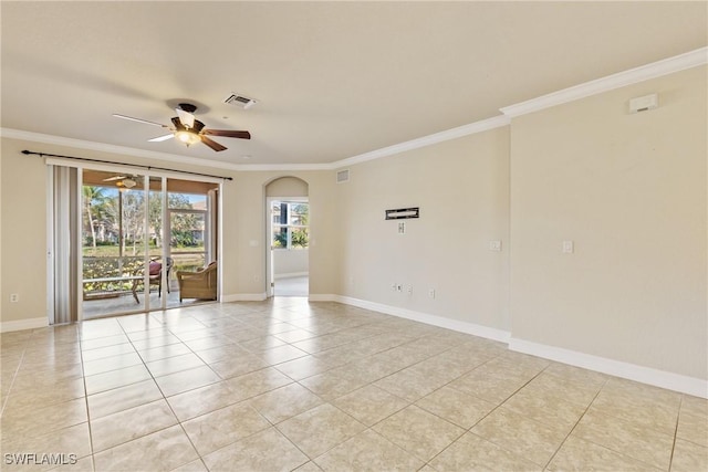 tiled empty room with ornamental molding and ceiling fan