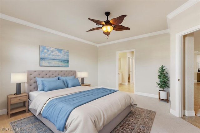 bedroom featuring crown molding, ensuite bath, and ceiling fan