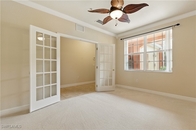 9621 Spanish Moss Way Unit 3813, Bonita Springs, FL 34135 - empty room featuring ornamental molding, french doors, carpet floors, a ceiling fan, and baseboards