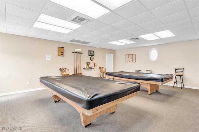 recreation room featuring light carpet, a paneled ceiling, and billiards