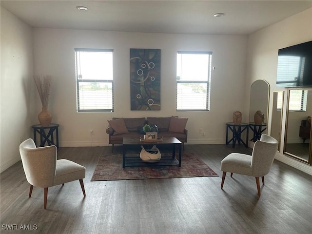 living room featuring dark wood-type flooring and a healthy amount of sunlight