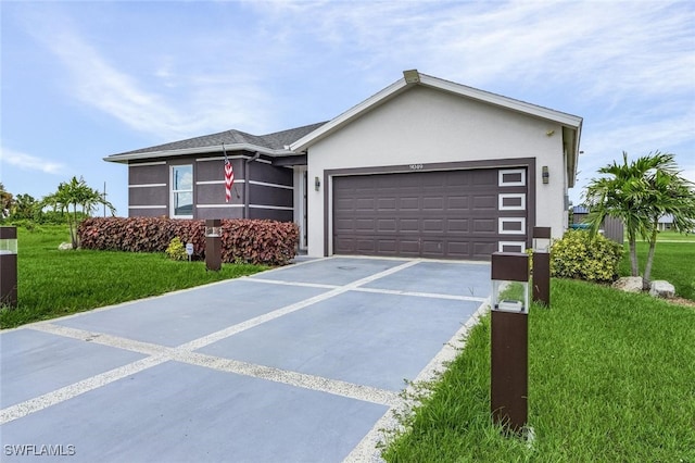 view of front facade featuring concrete driveway, stucco siding, an attached garage, and a front lawn