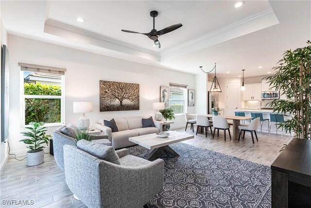 living room with a raised ceiling, crown molding, and a healthy amount of sunlight