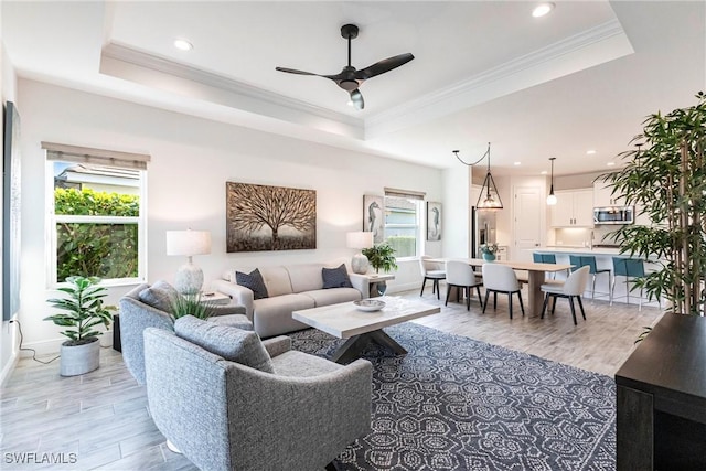 living room featuring crown molding, a raised ceiling, and plenty of natural light