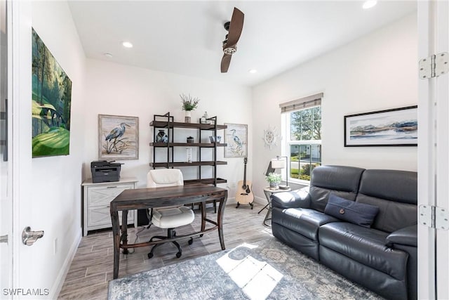 home office with baseboards, recessed lighting, a ceiling fan, and wood tiled floor