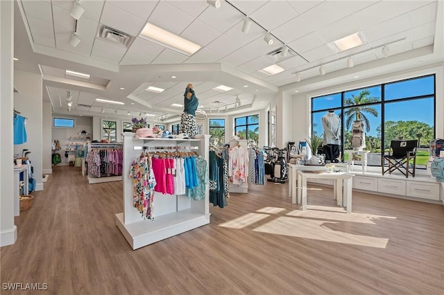 exercise room featuring light hardwood / wood-style floors