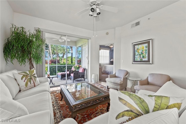 living room with ceiling fan