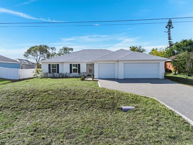 single story home with a garage and a front yard