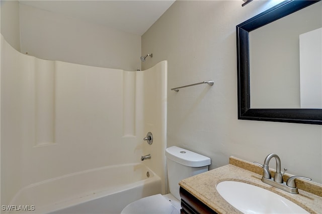 full bathroom with vanity,  shower combination, and toilet