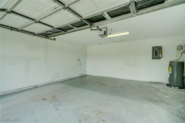 garage featuring a garage door opener, electric panel, and water heater